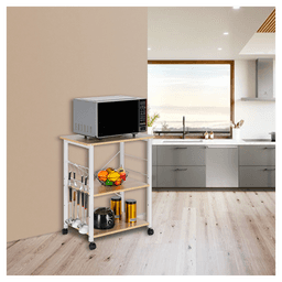 image-Baker's Rack 3-Tier Kitchen Utility Microwave Oven Stand Storage Cart Workstation Shelf(Light Beige Top White Metal Frame)