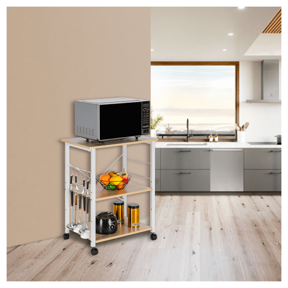 image-Baker's Rack 3-Tier Kitchen Utility Microwave Oven Stand Storage Cart Workstation Shelf(Light Beige Top White Metal Frame)
