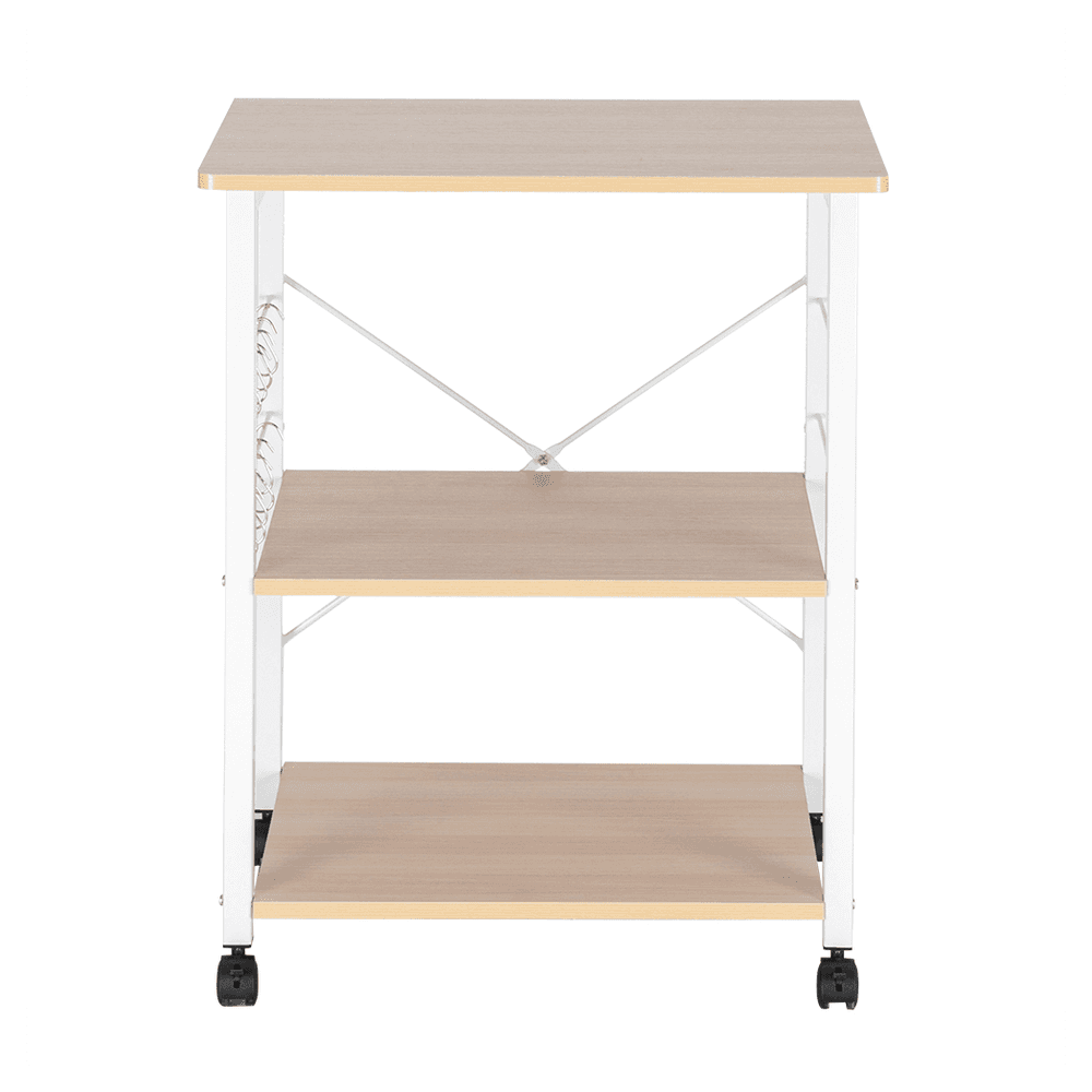 image-Baker's Rack 3-Tier Kitchen Utility Microwave Oven Stand Storage Cart Workstation Shelf(Light Beige Top White Metal Frame)