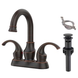 image-Oil Rubbed Bronze Bathroom Faucet with 2-Handle and 360 Degree Rotating Spout, Crescent Moon Style 4-inch Centerset Vanity Sink with Pop-Up Drain and Supply Hoses, FR4090-ORB