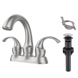 image-Bathroom Faucet 2-Handle Brushed Nickel with Aerator, Swan Style 4-inch Centerset Vanity Sink with Pop-Up Drain and Supply Hoses, FR4075-NP