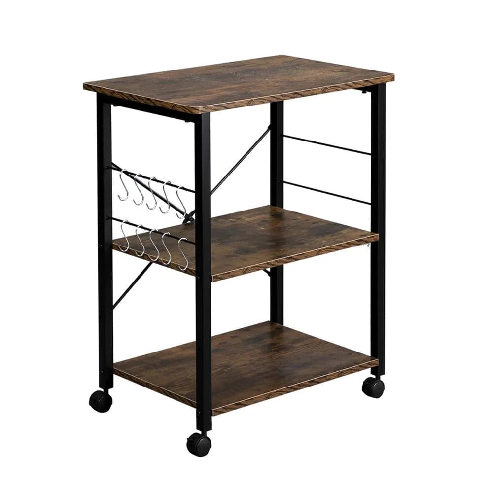 image-Baker's Rack 3-Tier Kitchen Utility Microwave Oven Stand Storage Cart Workstation Shelf(Vintage Board Top Black Metal Frame)