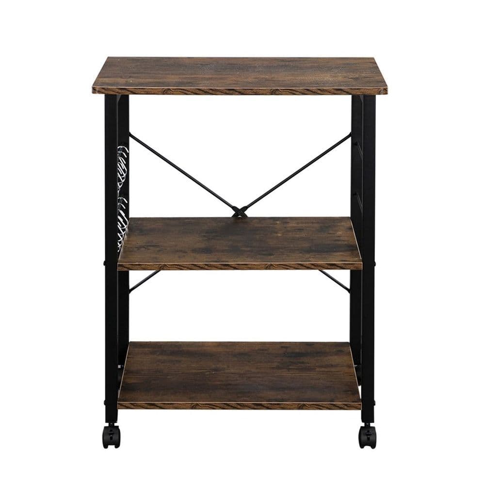 image-Baker's Rack 3-Tier Kitchen Utility Microwave Oven Stand Storage Cart Workstation Shelf(Vintage Board Top Black Metal Frame)
