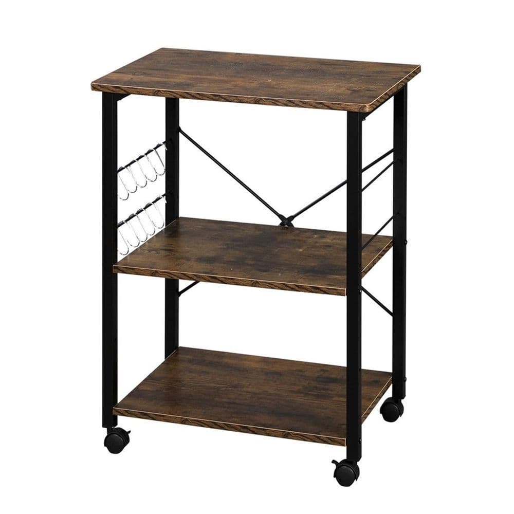 image-Baker's Rack 3-Tier Kitchen Utility Microwave Oven Stand Storage Cart Workstation Shelf(Vintage Board Top Black Metal Frame)