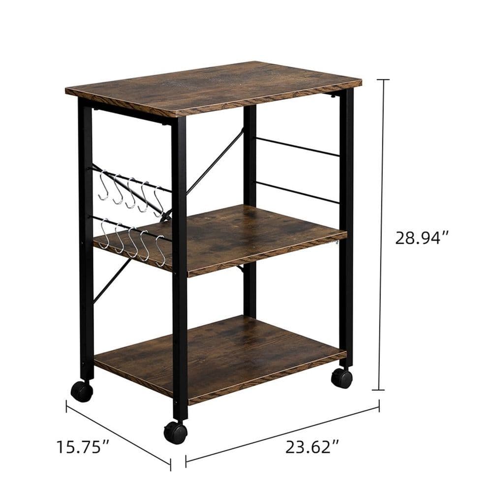 image-Baker's Rack 3-Tier Kitchen Utility Microwave Oven Stand Storage Cart Workstation Shelf(Vintage Board Top Black Metal Frame)