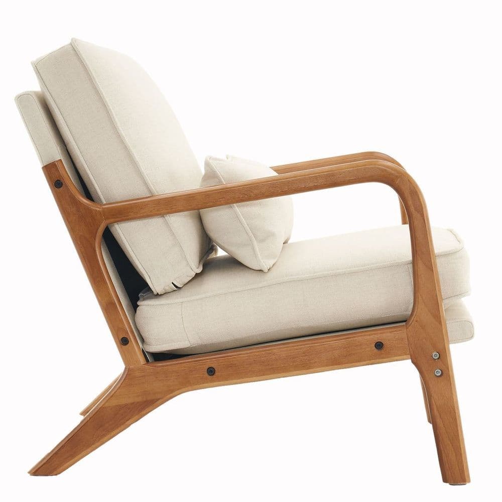 image-Oak Armrest Oak Upholstered Single Lounge Chair Indoor Lounge Chair Off-White
