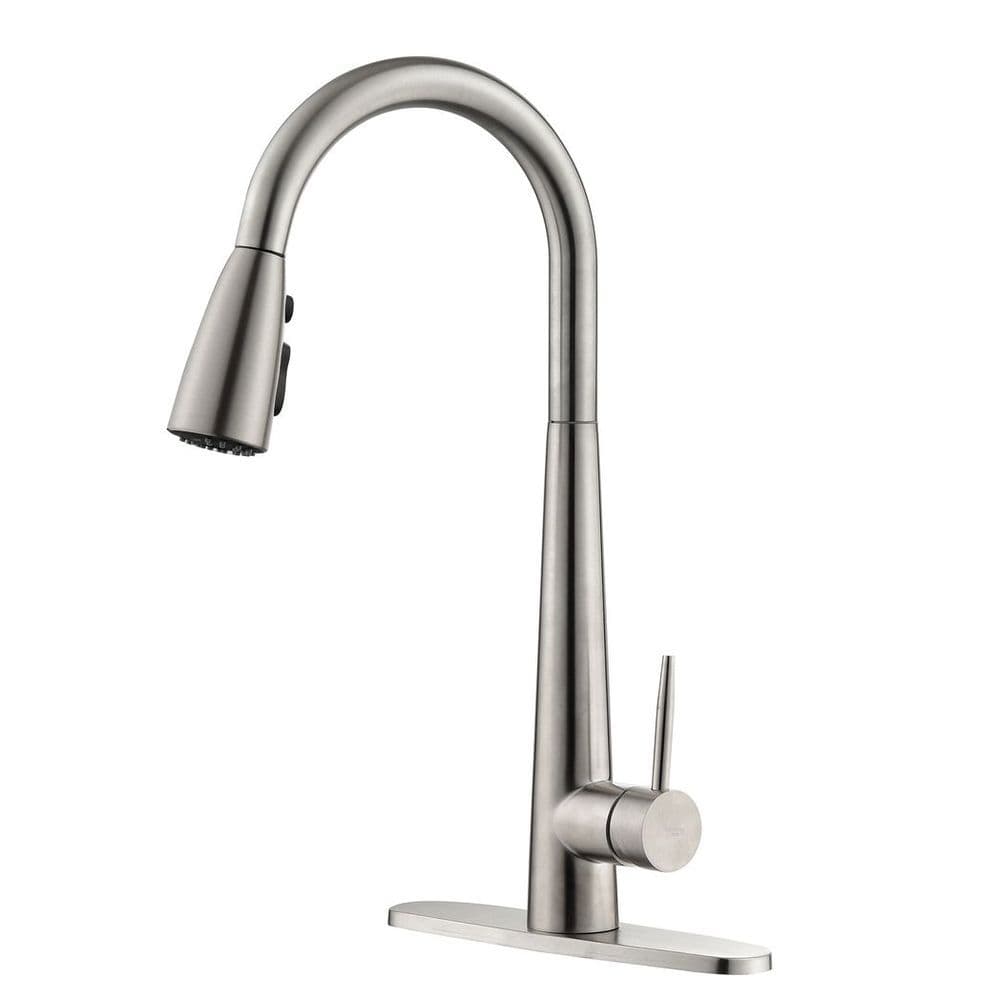 image-Kitchen Faucet with Pull Down Sprayer Brushed Nickel, High Arc Single Handle Kitchen Sink Faucet with Deck Plate, Commercial Modern Stainless Steel Kitchen Faucets