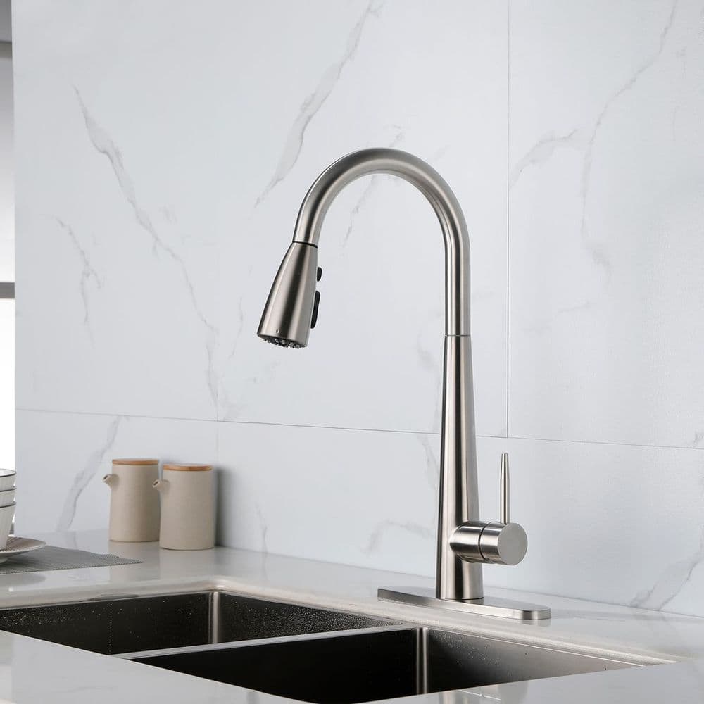 image-Kitchen Faucet with Pull Down Sprayer Brushed Nickel, High Arc Single Handle Kitchen Sink Faucet with Deck Plate, Commercial Modern Stainless Steel Kitchen Faucets