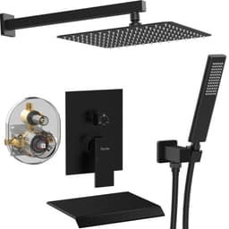 image-Male NPT Matte Black Shower System, 12 Inch Shower Fixtures Rain Shower Head with Handheld Shower Spray, Wall Mount Shower Faucet Set for Bathroom(Pressure Balance Shower Trim Valve Kit Included)