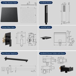 image-Male NPT Matte Black Shower System, 12 Inch Shower Fixtures Rain Shower Head with Handheld Shower Spray, Wall Mount Shower Faucet Set for Bathroom(Pressure Balance Shower Trim Valve Kit Included)