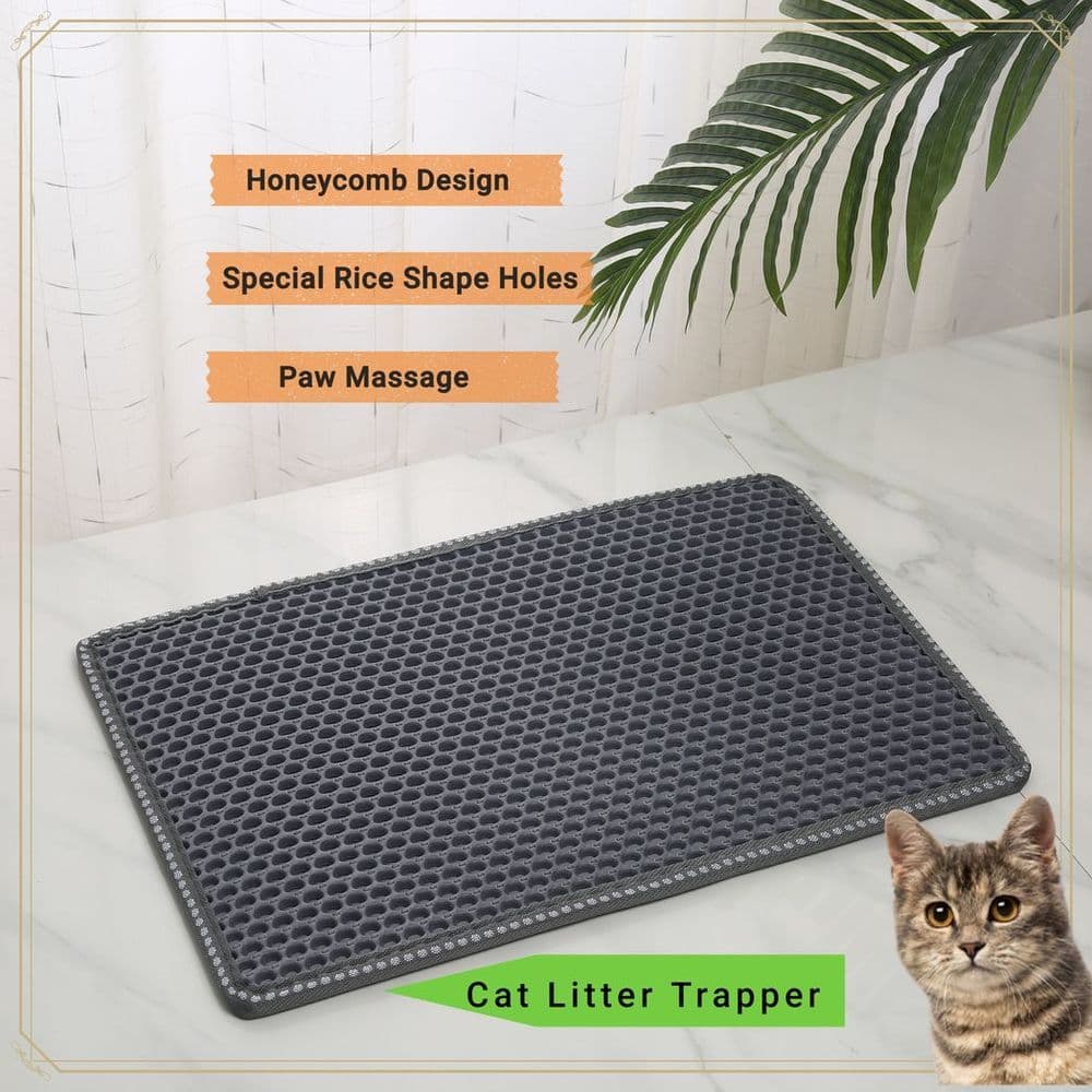 image-Cat Litter Mat, Kitty Litter Trapping Mat, Double Layer Mats with MiLi Shape Scratching design, Urine Waterproof, Easy Clean, Scatter Control 21" x 14" Grey(same as JYD-GT-MSD-GREY)