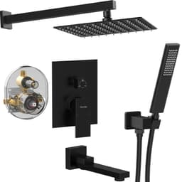image-Male NPT Folding Bathtub Shower Faucet, Rain Shower Head System with Bath Tub Faucet Set and Handheld for Bathroom, Matte Black 3 Function Tub Shower Rough-in Valve and Diverter