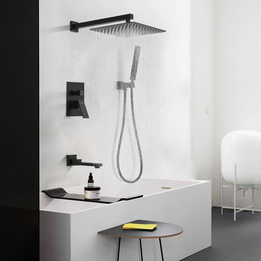 image-Male NPT Folding Bathtub Shower Faucet, Rain Shower Head System with Bath Tub Faucet Set and Handheld for Bathroom, Matte Black 3 Function Tub Shower Rough-in Valve and Diverter