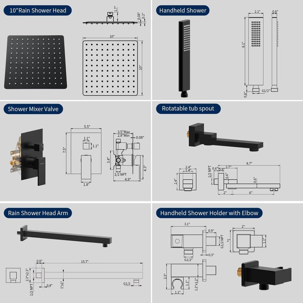 image-Male NPT Folding Bathtub Shower Faucet, Rain Shower Head System with Bath Tub Faucet Set and Handheld for Bathroom, Matte Black 3 Function Tub Shower Rough-in Valve and Diverter