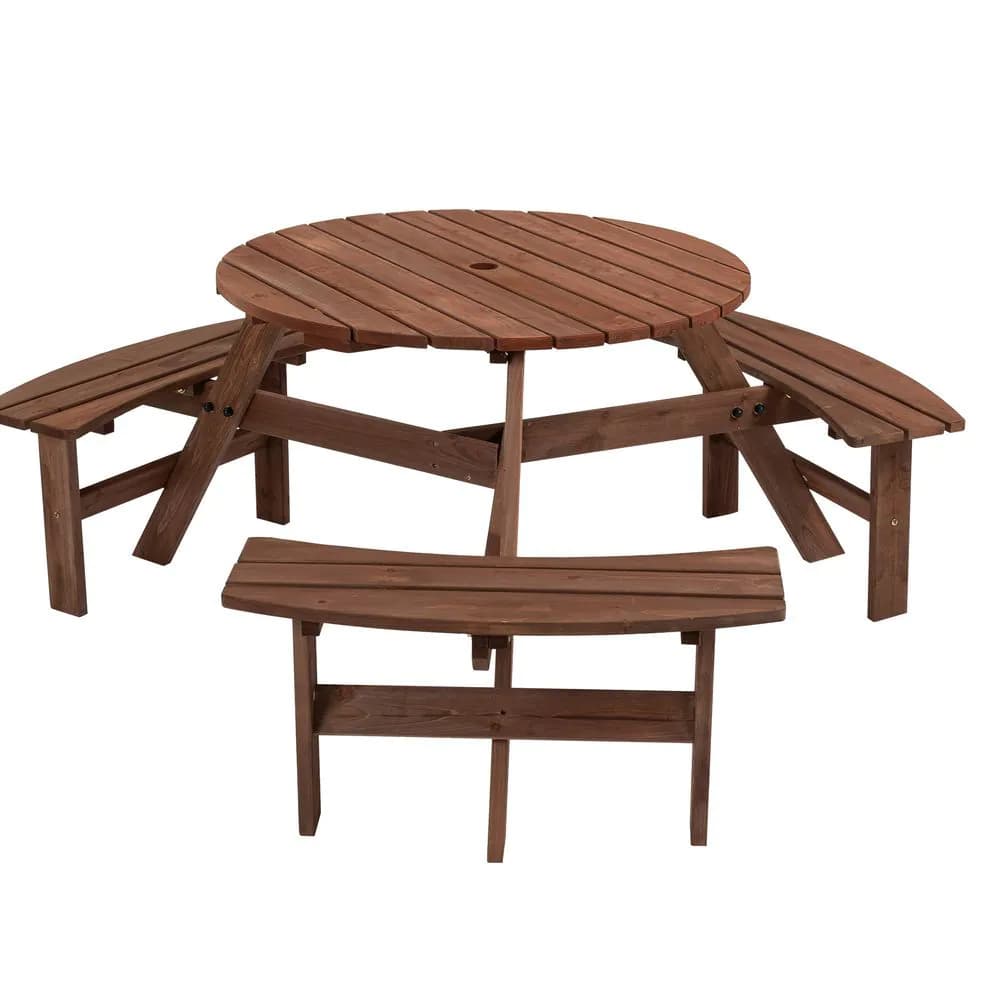 image-6-Person Outdoor Circular Wooden Picnic Table with 3 Built-in Benches for Patio Backyard Garden, Brown
