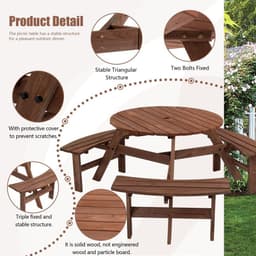 image-6-Person Outdoor Circular Wooden Picnic Table with 3 Built-in Benches for Patio Backyard Garden, Brown