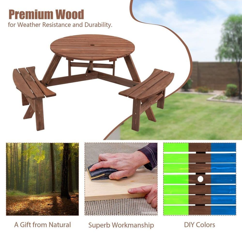 image-6-Person Outdoor Circular Wooden Picnic Table with 3 Built-in Benches for Patio Backyard Garden, Brown