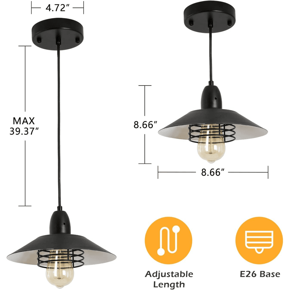 image-Farmhouse Vintage Pendant Light Black Fixture Pendant Lights with Spring Frame Adjustable Metal Hanging Lamp for Kitchen Island Dining Room Bedroom Living Room Barn Entryway,E26