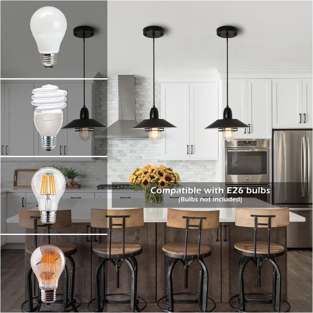 image-Farmhouse Vintage Pendant Light Black Fixture Pendant Lights with Spring Frame Adjustable Metal Hanging Lamp for Kitchen Island Dining Room Bedroom Living Room Barn Entryway,E26