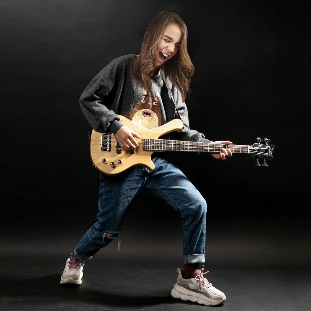 image-【Do Not Sell on AmazonGlarry GW101 36in Small Scale Electric Bass Guitar Suit With Mahogany Body SS Pickups, Guitar Bag, Strap, Cable Burlywood