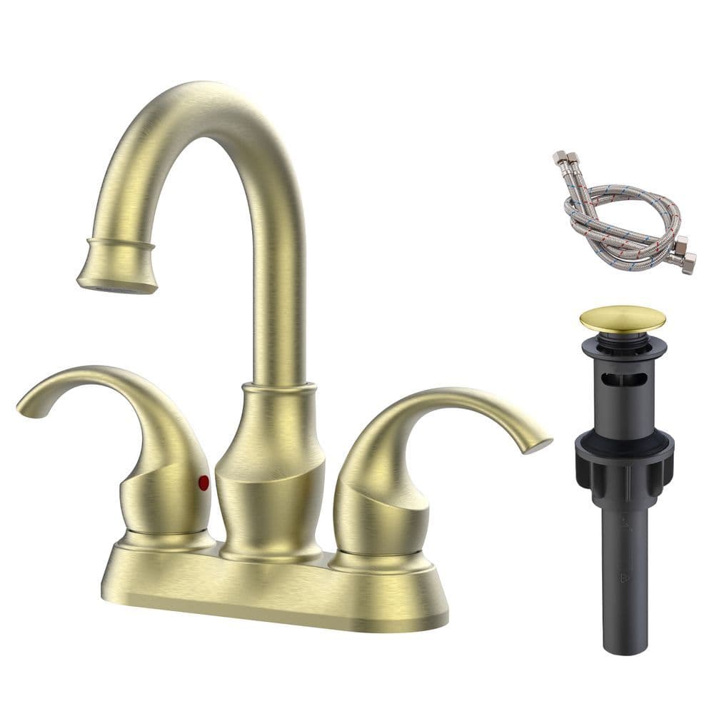 image-Bathroom Faucet 2-Handle Brushed Gold with 360 Degree Rotating Spout, Crescent Moon Style 4-inch Centerset Vanity Sink with Pop-Up Drain and Supply Hoses, FR4090-BG