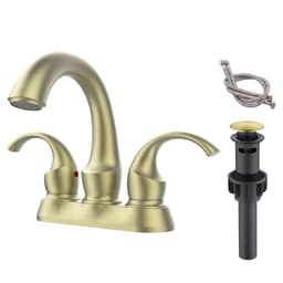 image-Bathroom Faucet 2-Handle Brushed Gold with Aerator, Swan Style 4-inch Centerset Vanity Sink with Pop-Up Drain and Supply Hoses, FR4075-BG