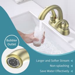 image-Bathroom Faucet 2-Handle Brushed Gold with Aerator, Swan Style 4-inch Centerset Vanity Sink with Pop-Up Drain and Supply Hoses, FR4075-BG