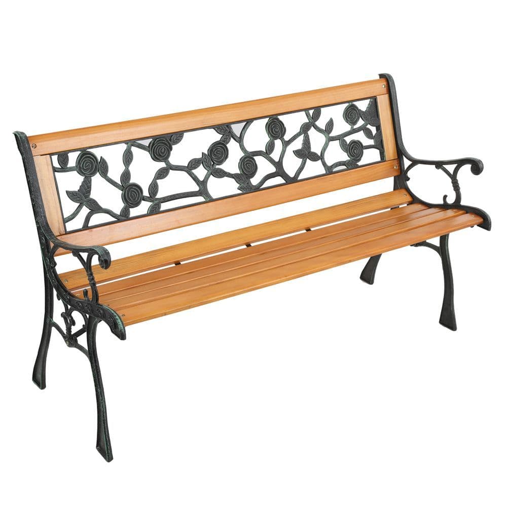 image-49" Garden Bench Patio Porch Chair Deck Hardwood Cast Iron Love Seat Rose Style Back