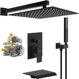 image-Male NPT Bathtub Shower Faucet Set, Waterfall Tub Faucet with 12-Inch Matte Black Rain Shower Head System