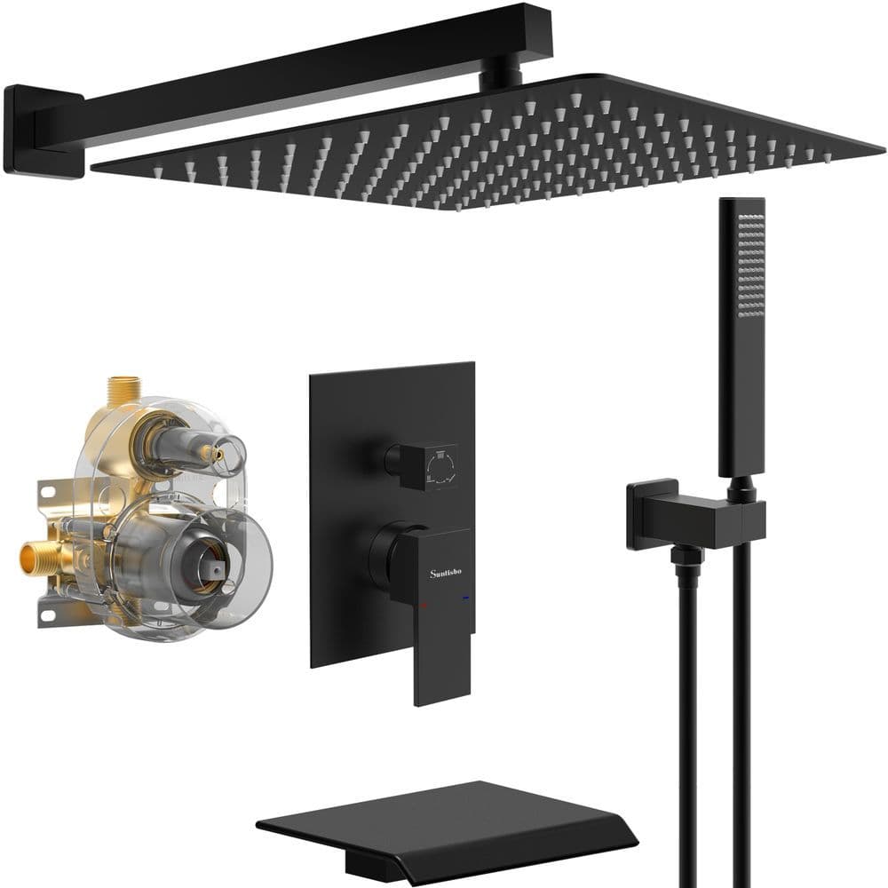 image-Male NPT Bathtub Shower Faucet Set, Waterfall Tub Faucet with 12-Inch Matte Black Rain Shower Head System