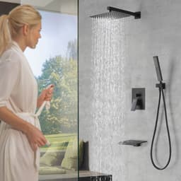 image-Male NPT Bathtub Shower Faucet Set, Waterfall Tub Faucet with 12-Inch Matte Black Rain Shower Head System