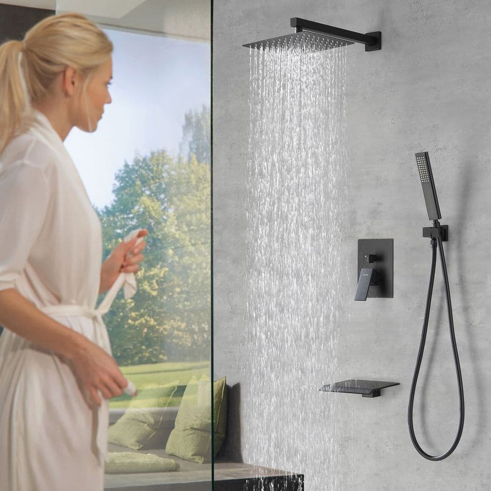 image-Male NPT Bathtub Shower Faucet Set, Waterfall Tub Faucet with 12-Inch Matte Black Rain Shower Head System