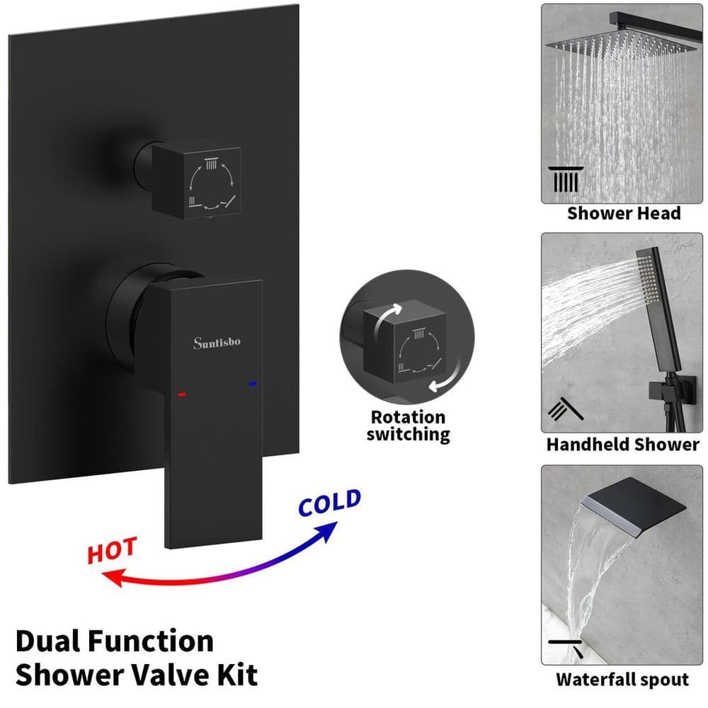 image-Male NPT Bathtub Shower Faucet Set, Waterfall Tub Faucet with 12-Inch Matte Black Rain Shower Head System
