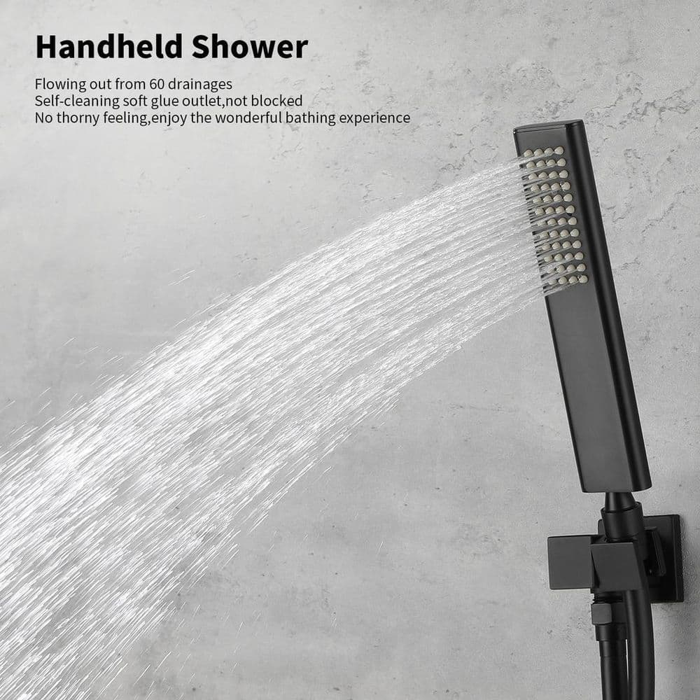image-Male NPT Bathtub Shower Faucet Set, Waterfall Tub Faucet with 12-Inch Matte Black Rain Shower Head System