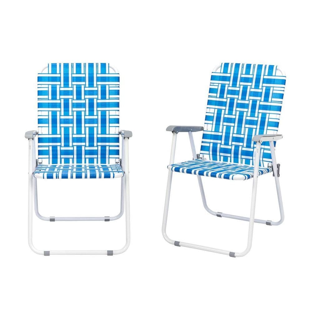 image-2pcs Steel Tube PP Webbing Bearing 120kg Folding Beach Chair Blue& White Strip