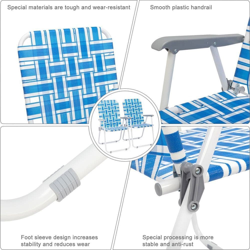 image-2pcs Steel Tube PP Webbing Bearing 120kg Folding Beach Chair Blue& White Strip