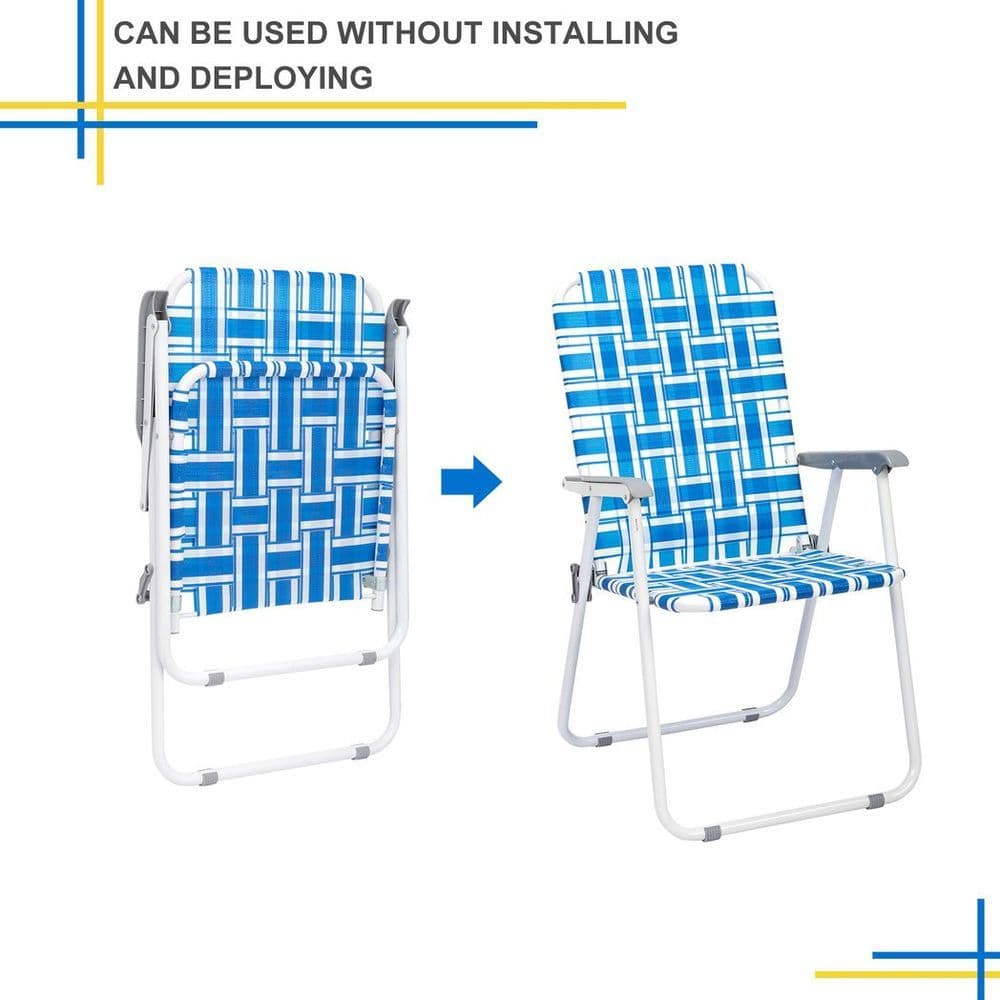 image-2pcs Steel Tube PP Webbing Bearing 120kg Folding Beach Chair Blue& White Strip