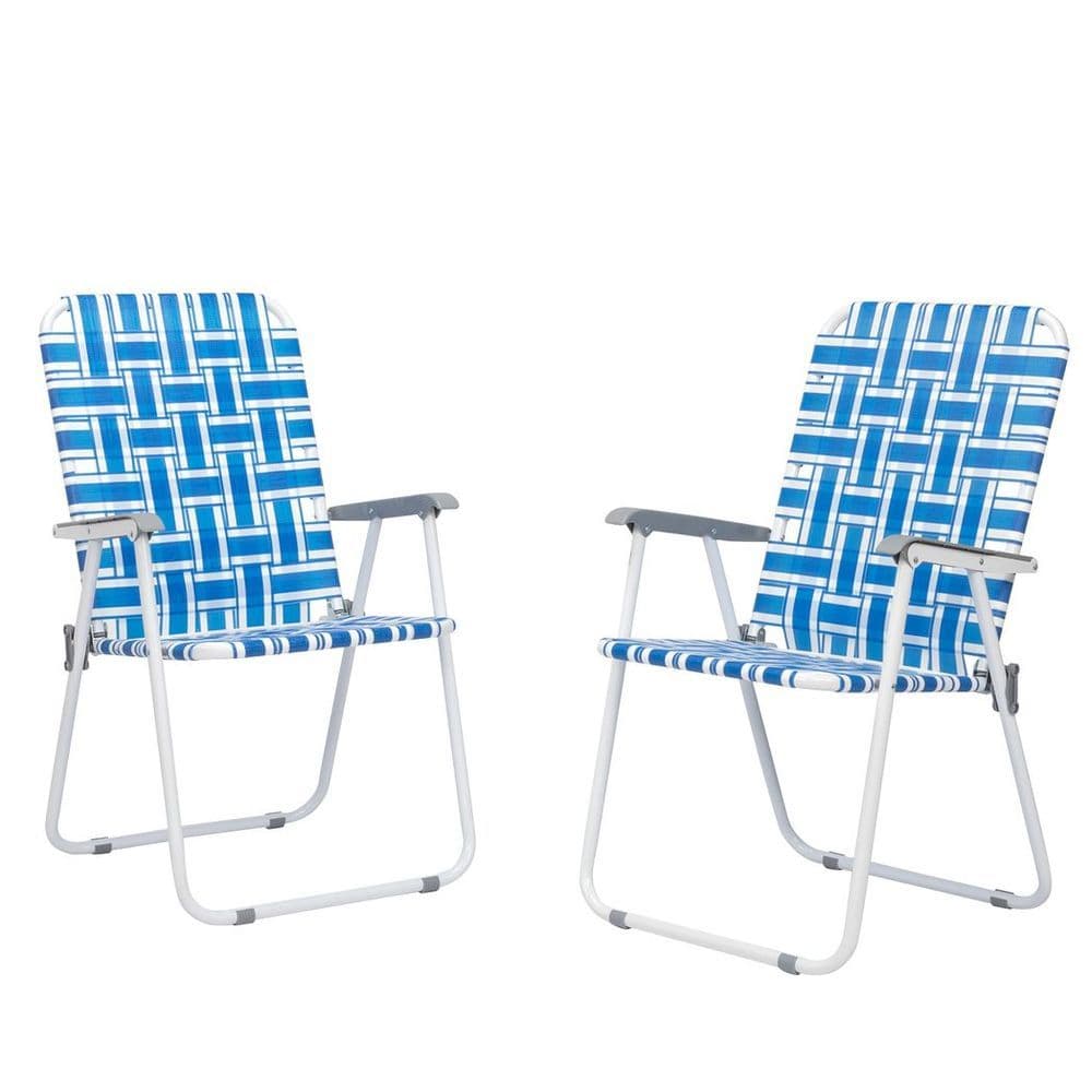 image-2pcs Steel Tube PP Webbing Bearing 120kg Folding Beach Chair Blue& White Strip