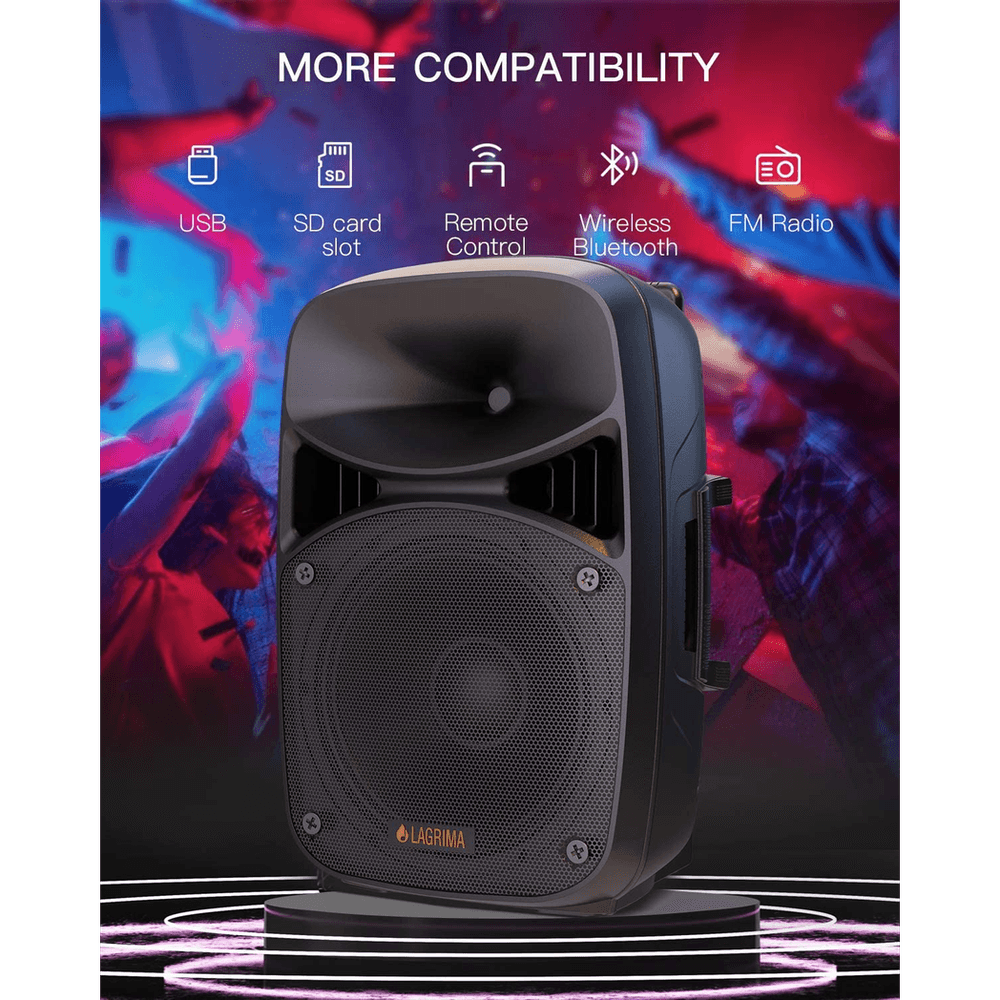 image-LAGRIMA LPS-312 Portable 15-Inch Woofer 2-Way Powered PA Speaker System Combo Set with Bluetooth/USB/SD Card Reader/FM Radio/Remote Control/Speaker Stand