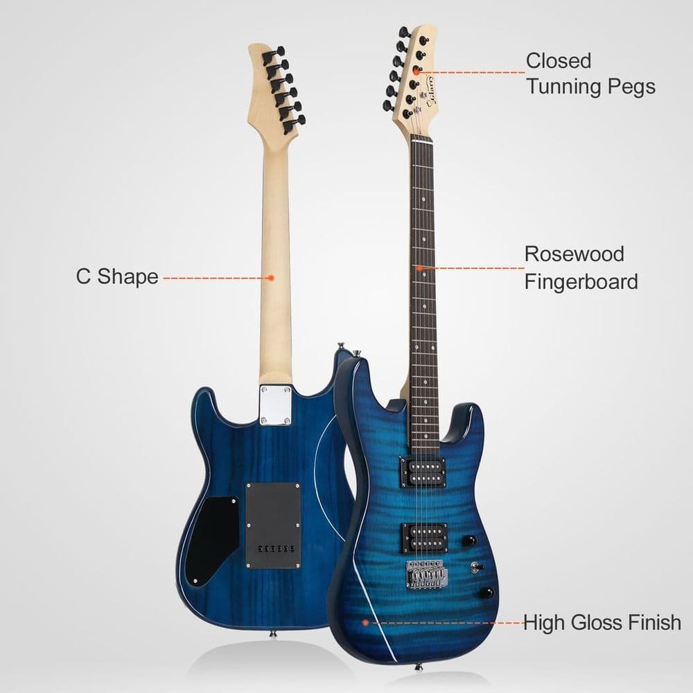 image-Glarry GST Stylish H-H Pickup Tiger Stripe Electric Guitar Kit with 20W AMP Bag Guitar Strap Blue