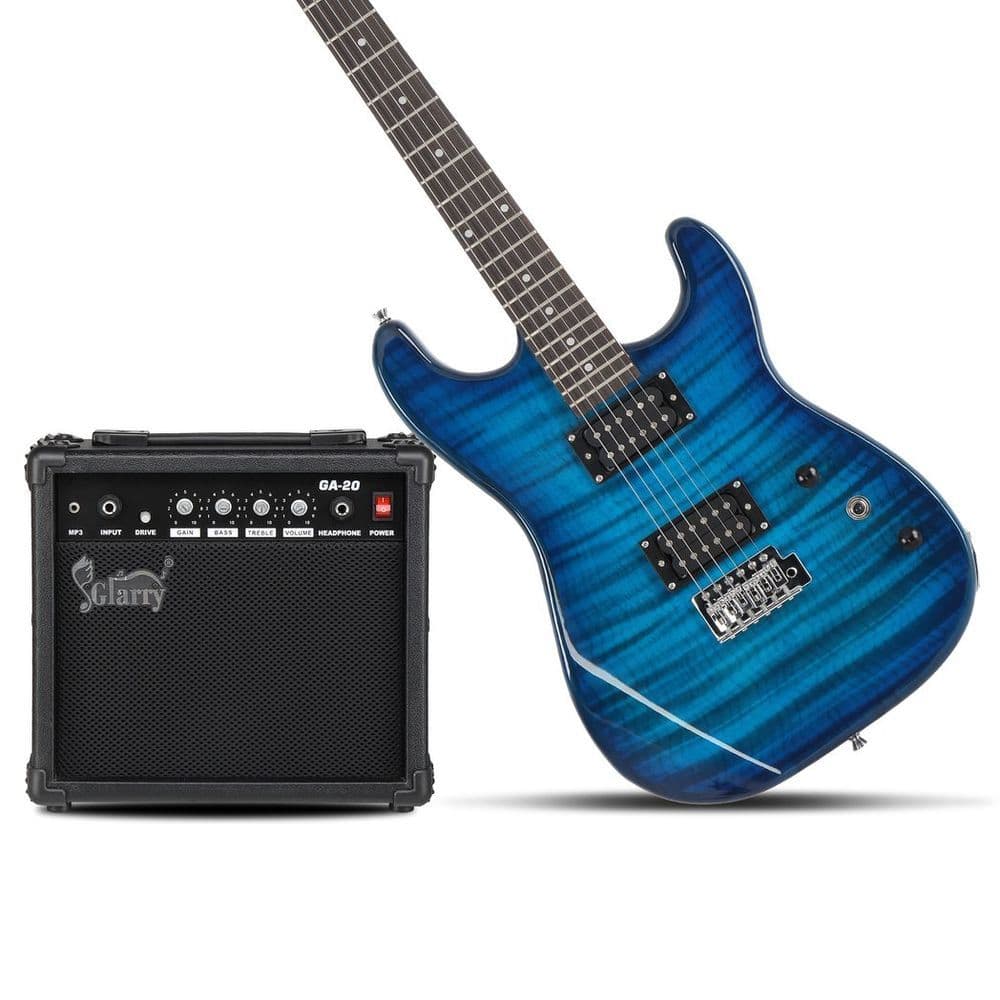 image-Glarry GST Stylish H-H Pickup Tiger Stripe Electric Guitar Kit with 20W AMP Bag Guitar Strap Blue