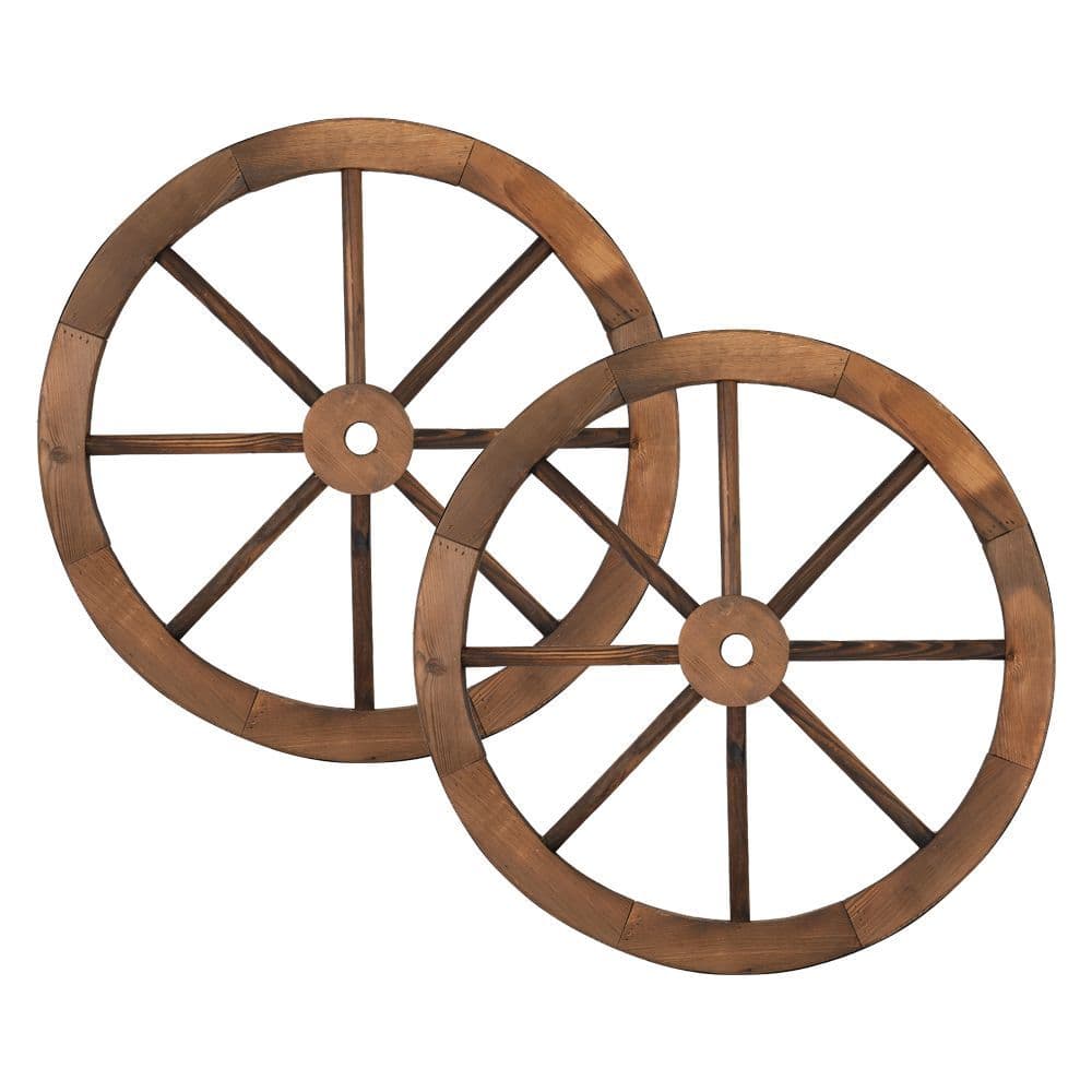 image-2pcs 24-Inch Old Western Style Garden Art Wall Decor Wooden Wagon Wheel Brown