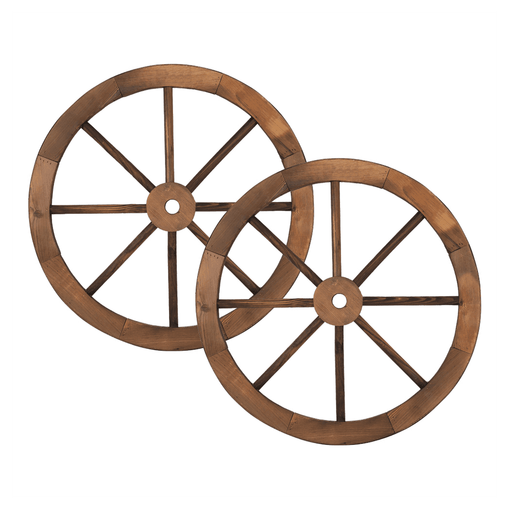 image-2pcs 24-Inch Old Western Style Garden Art Wall Decor Wooden Wagon Wheel Brown