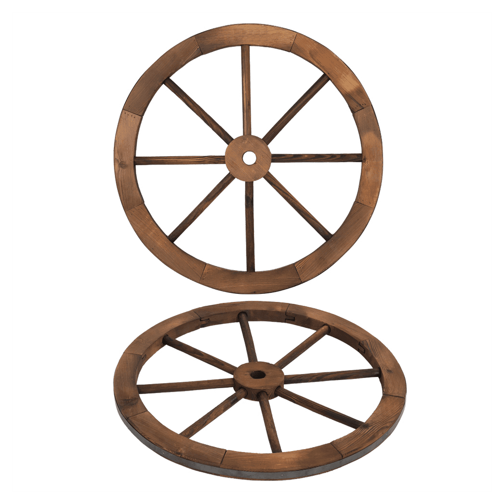 image-2pcs 24-Inch Old Western Style Garden Art Wall Decor Wooden Wagon Wheel Brown