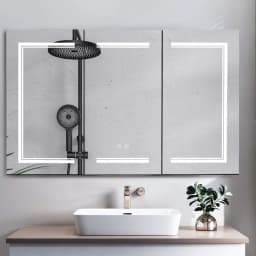image-FCH 48*28in OZON Board, 1 Door, 2 Layers, Led Light, Anti-Fog, Three-Color Lighting, Brightness Adjustment, Power-Off Memory, With 2 Plugs, 2 USB Ports, Bathroom Wall Cabinet, Black
