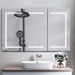 image-FCH 48*28in OZON Board, 1 Door, 2 Layers, Led Light, Anti-Fog, Three-Color Lighting, Brightness Adjustment, Power-Off Memory, With 2 Plugs, 2 USB Ports, Bathroom Wall Cabinet, Black