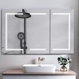 image-FCH 48*28in OZON Board, 1 Door, 2 Layers, Led Light, Anti-Fog, Three-Color Lighting, Brightness Adjustment, Power-Off Memory, With 2 Plugs, 2 USB Ports, Bathroom Wall Cabinet, Black