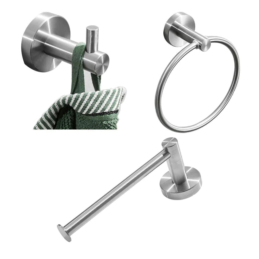 image-High Quality Rustproof 304 Stainless Steel Brushed Silver Polishing Bathroom Accessories Set Robe Hooks Towel Ring Bar Toilet Paper Holder Tissue Rack
