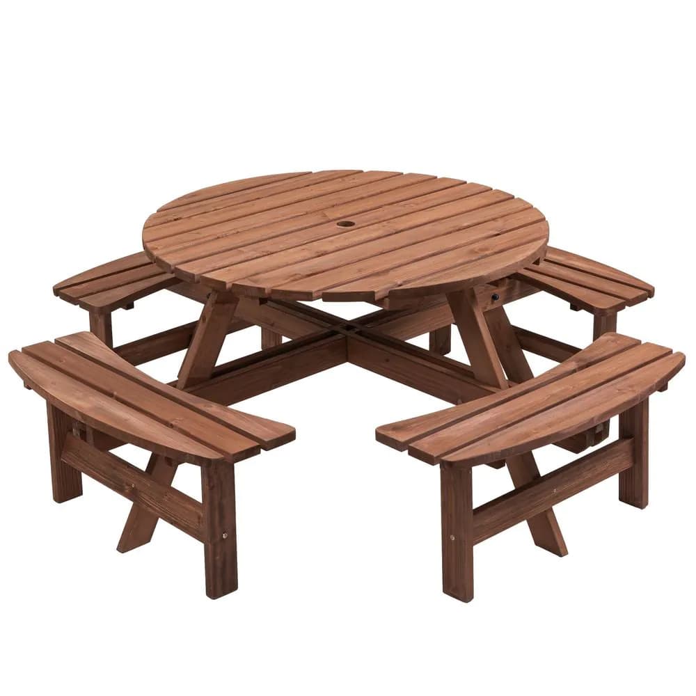 image-8-Person Outdoor Circular Wooden Picnic Table with 3 Built-in Benches for Patio Backyard Garden, Gray