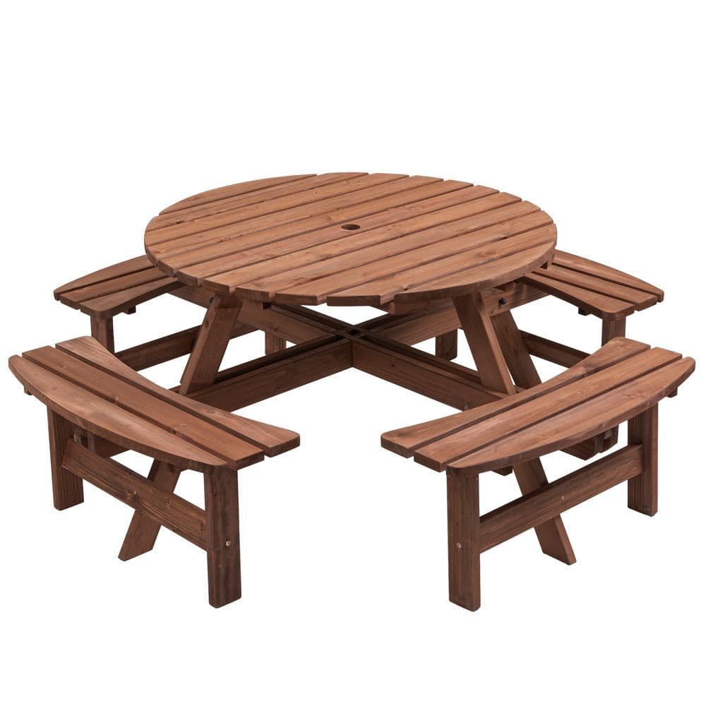 image-8-Person Outdoor Circular Wooden Picnic Table with 3 Built-in Benches for Patio Backyard Garden, Gray